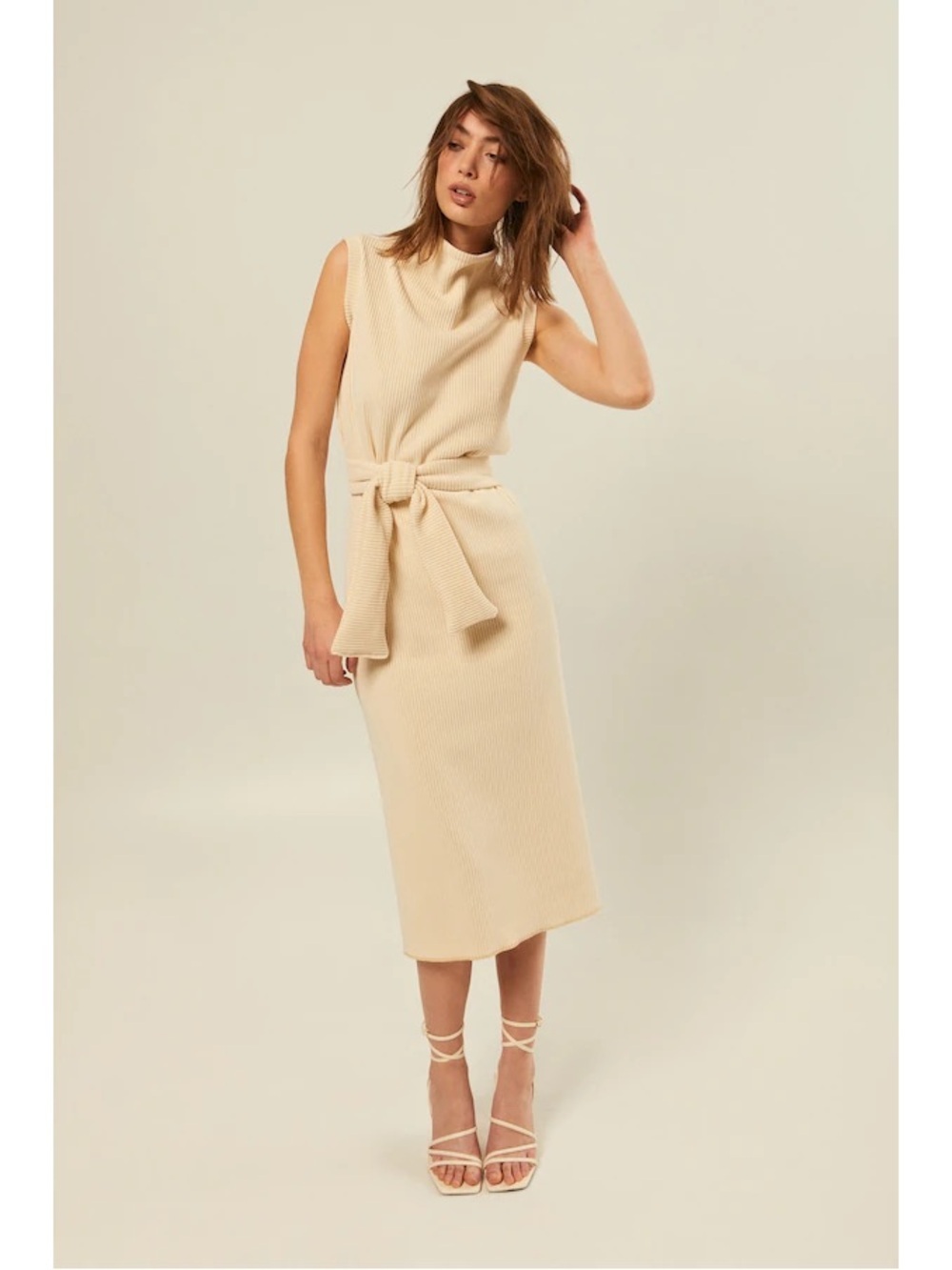 Hilary MacMillian Rib Knit Wrap Belted Cream Midi Dress